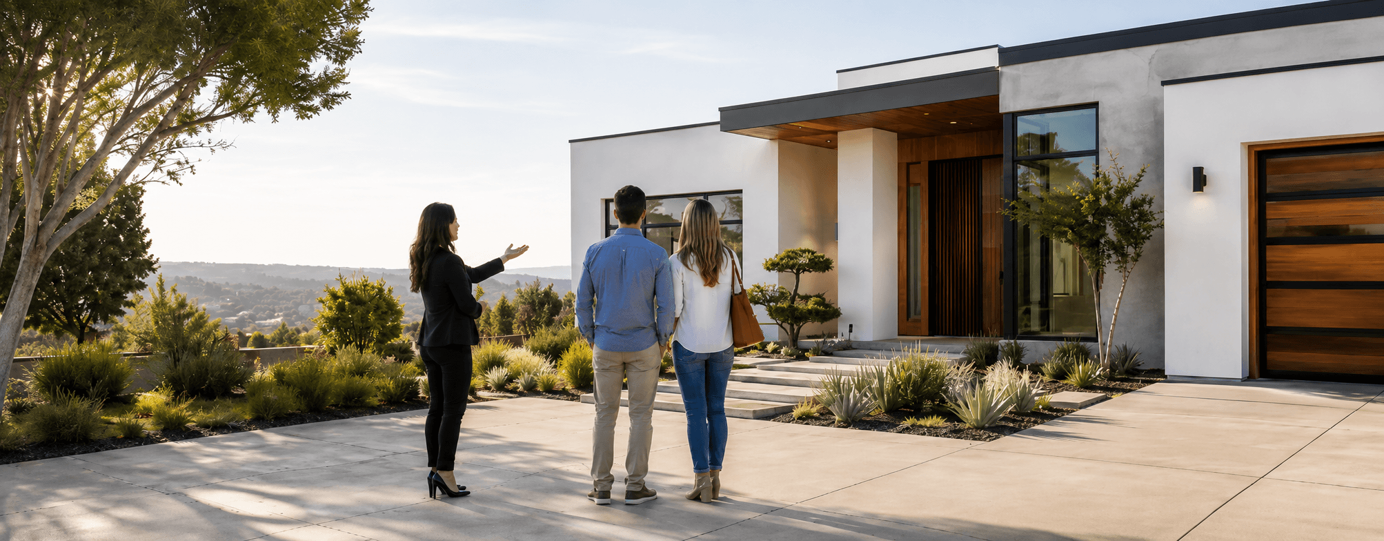 Real estate agent showing a modern home to buyers